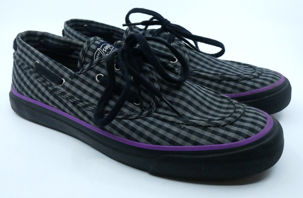 Sperry Top Slider Gingham Check Boat Shoes Womens 9.5 M Gray Black & Purple Trim